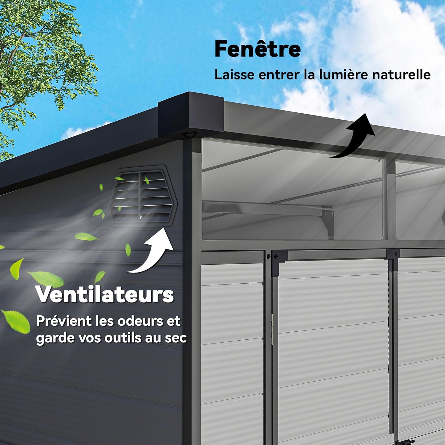 Outsunny - Abri de jardin polypropylène - 190x191x215 cm - double porte fenêtre aérez, gris clair