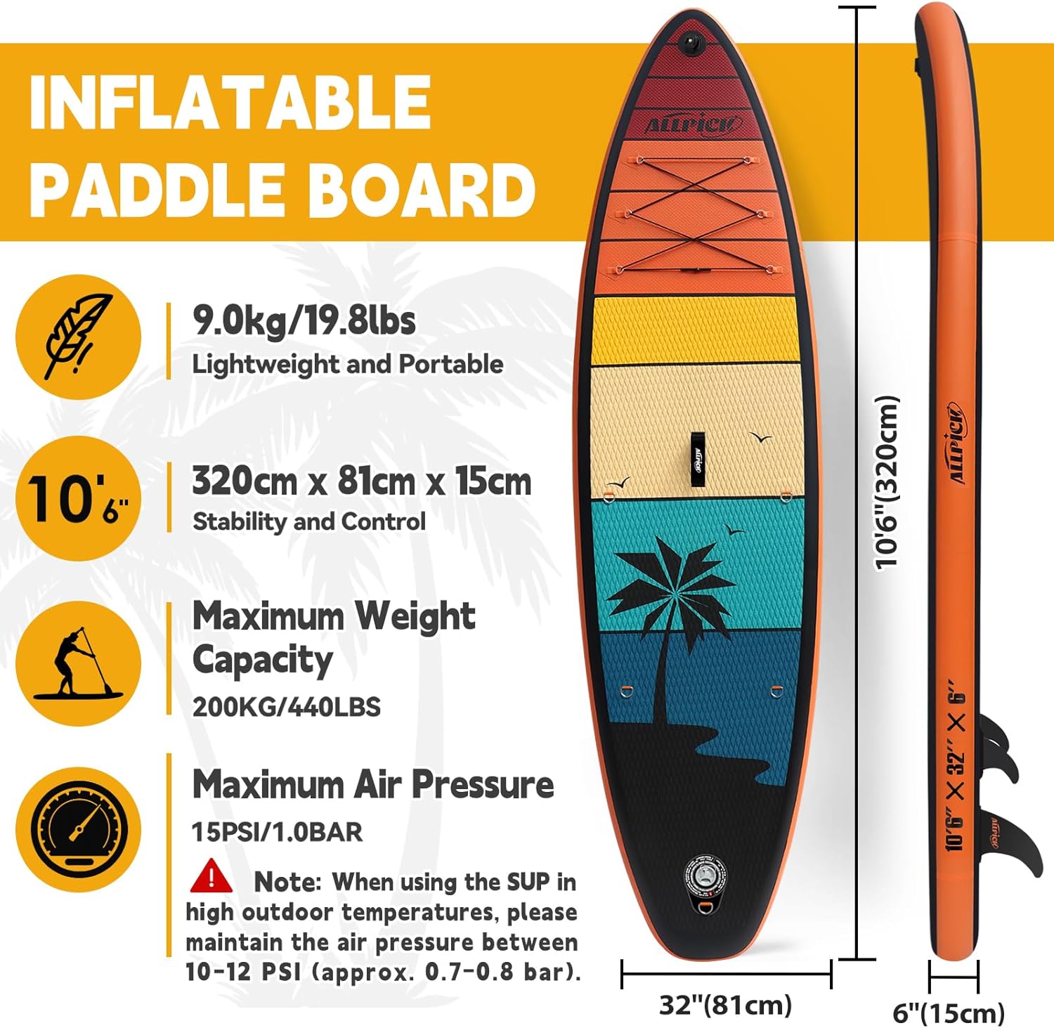 ALLPICK - paddle gonflable 320 cm - support caméra, pagaie réglable, 200 kg