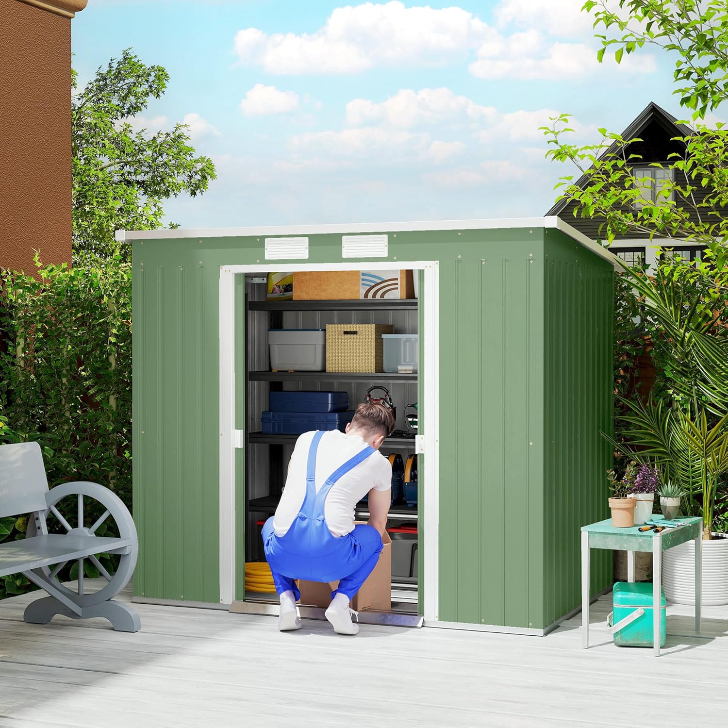 Outsunny Abri de Jardin en Acier galvanisé L 2,77 m² avec kit de Fondation 213 x 130 x 172 cm, cabane de Jardin cabanon Rangement Outils Portes coulissantes verrouillables et aérations, Vert