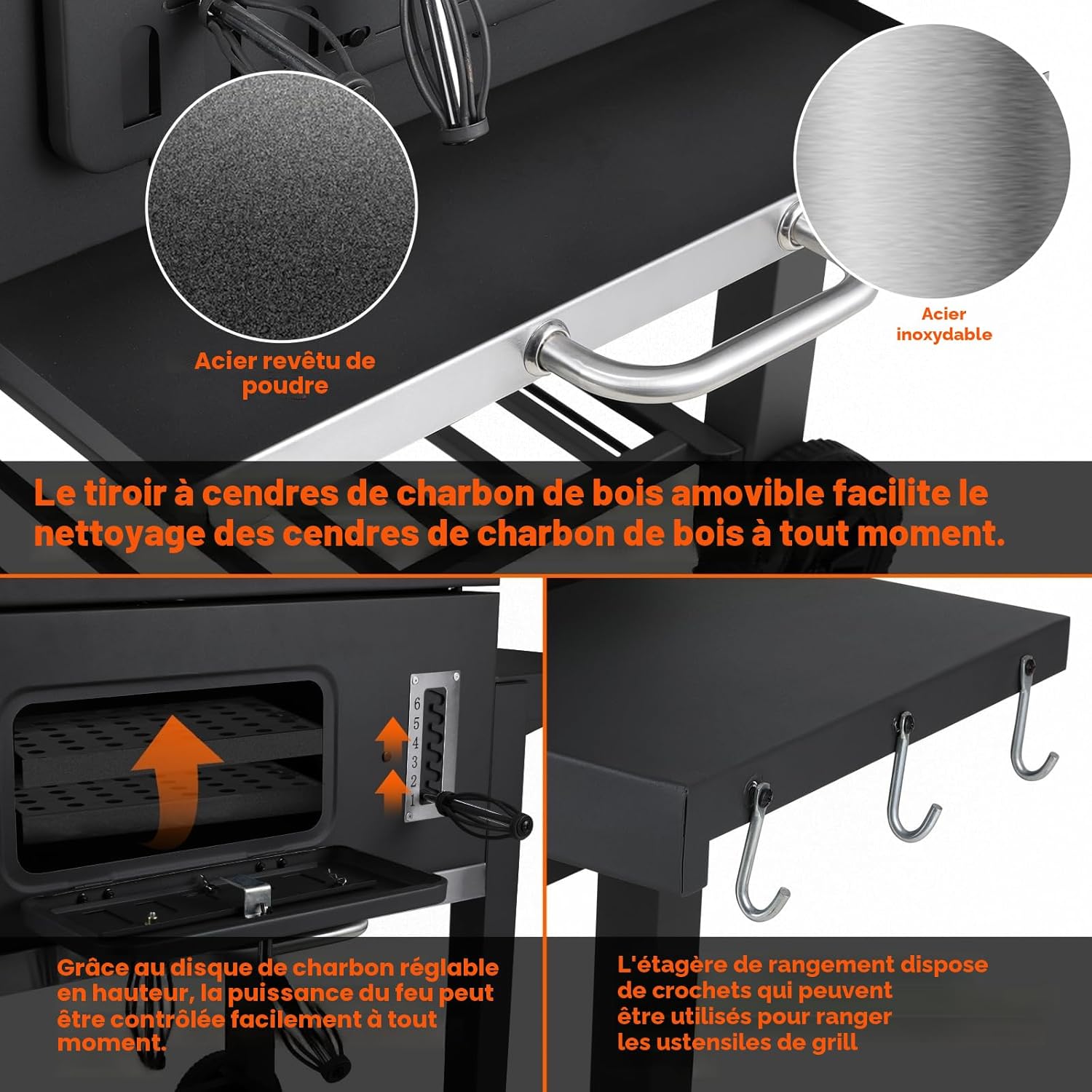 TLSUNNY - Barbecue XXL, charbon, couvercle, roues, thermomètre - TLSUNNY