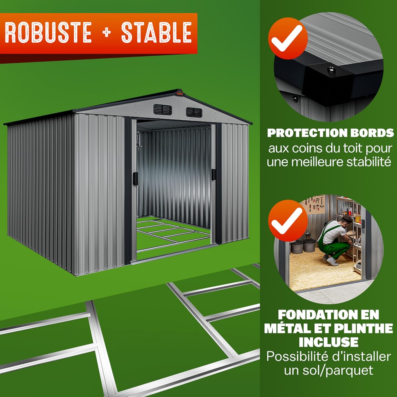 GARDEBRUK - Abri de jardin métal XXL - 260x205x180cm - Porte coulissante, fondation, 9m³