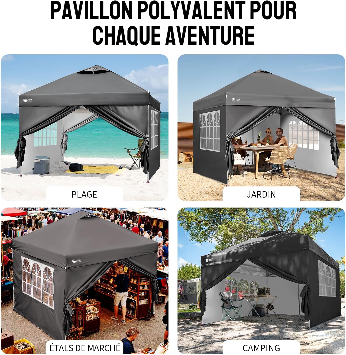 CROWN SHADES Tonnelle Pliante 3x3 Imperméable, Barnum Pliant de Jardin Exterieur, Pop-Up Gazebo avec Sac de Rangement, UPF 50+, avec 4 Parois Latérales Amovible, 4 Sac de Sable, Gris