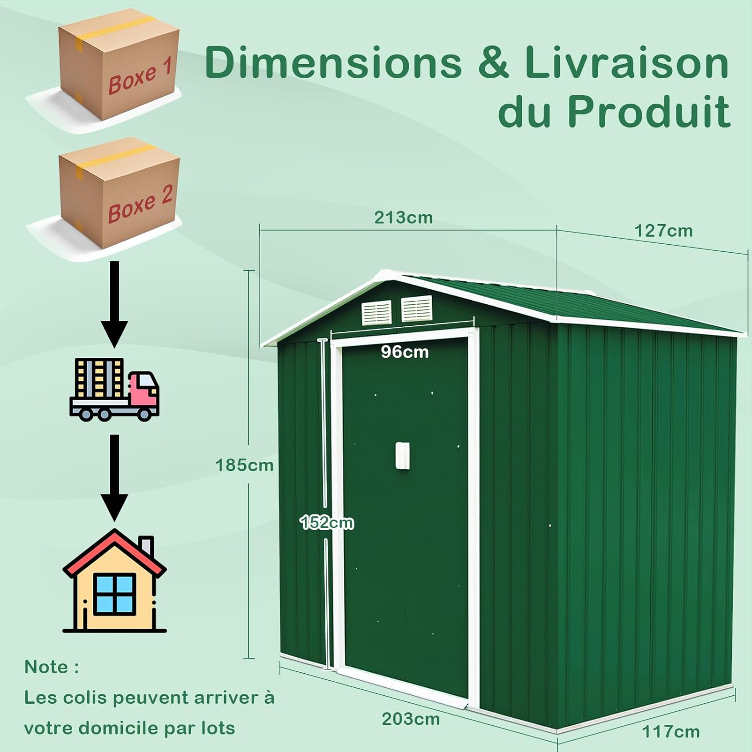 GOPLUS 2,37㎡ Abri de Jardin en Métal Galvanisé avec Base, Cabine de Jardin Extérieur Portes Coulissantes, 4,39m³, Résistant aux Intempéries, Cabane de Rangement à Outils, 213 x 127 x 185 cm, Vert