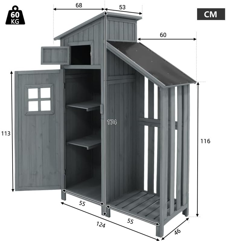 Abri de Jardin en Bois 124x46x174cm,Rangement Outils de Jardin,Cabane de Jardin Extérieur avec Serrure en PVC incliné à loquet,Gris