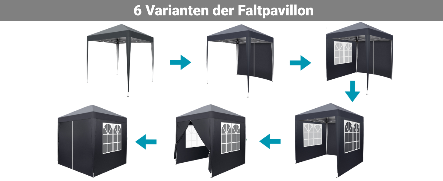 Six configurations d'une tente de pavillon pliante noire, présentant diverses configurations avec des panneaux latéraux et des fenêtres amovibles. Fait preuve de polyvalence pour les événements ou les rassemblements en plein air.