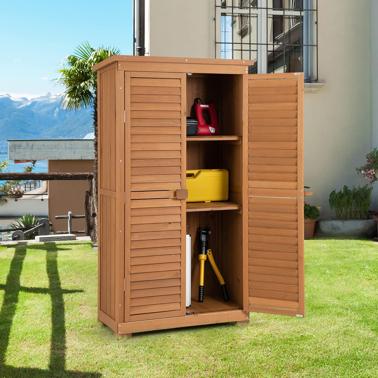 COSTWAY - Abri de jardin 160 cm - Bois, toit asphalte, 2 portes verrouillables, étagères amovibles
