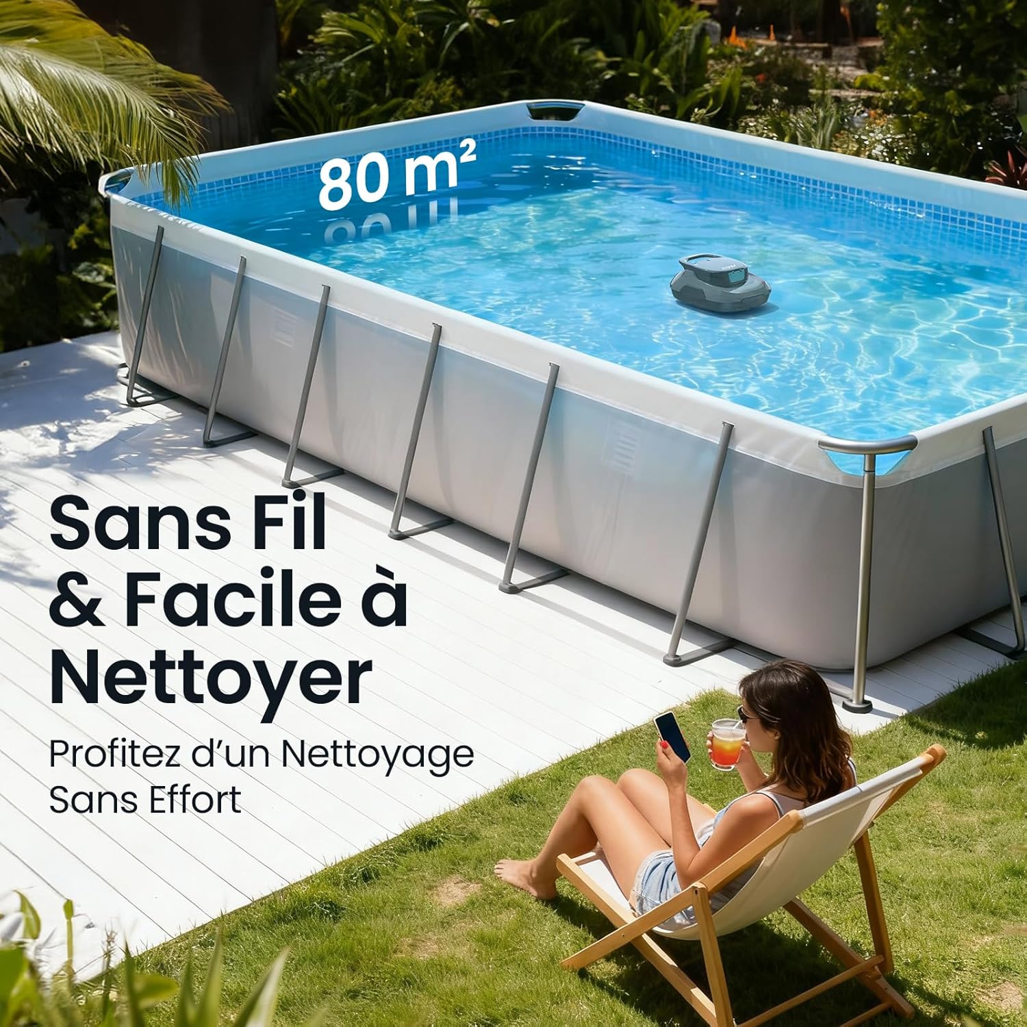 AIPER - Robot piscine sans fil - 80 m² - 90 min autonomie, aspire débris, auto-stationnement