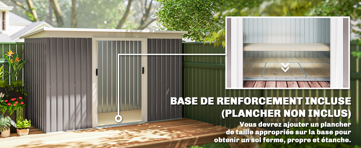 Le texte se lit comme suit : « BASE DE RENFORCEMENT INCLUSE (PLANCHER NON INCLUS) ». Cabanon ou structure de rangement extérieur illustré en plusieurs vues avec lambris gris.