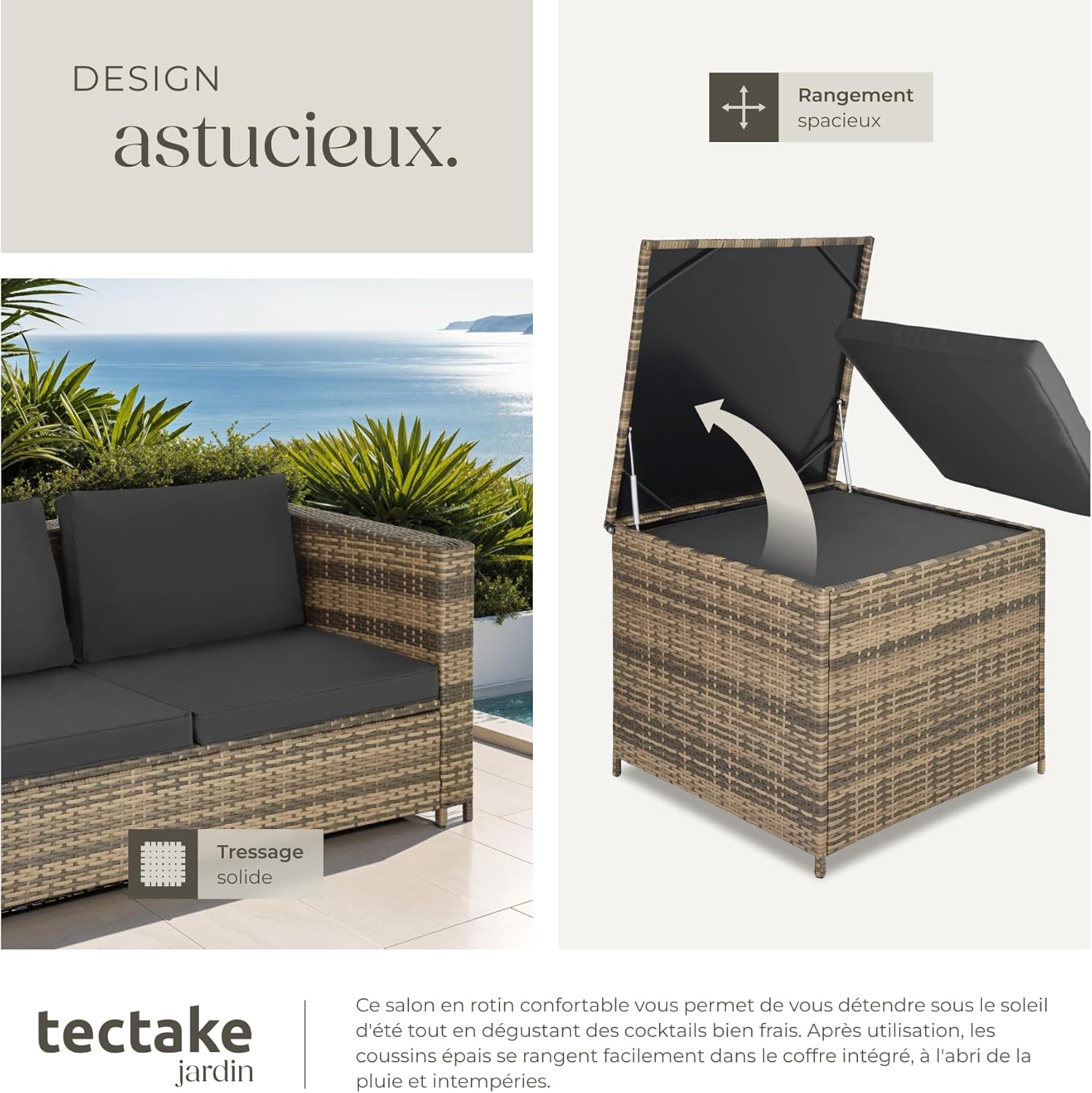 tectake - Ensemble salon Poly Rotin 4 pers. modulable, coffre, verre