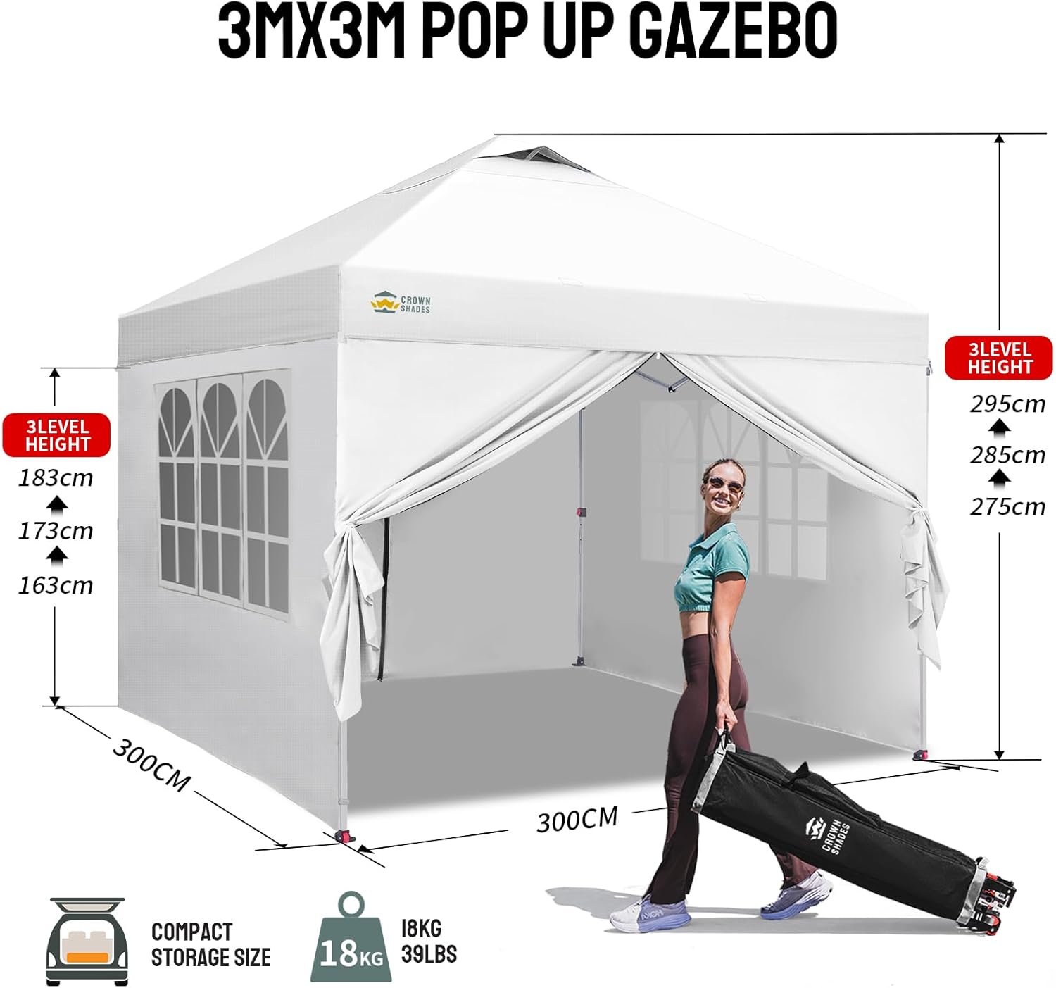 CROWN SHADES - Tonnelle Pliante - 3x3m - Imperméable, UPF 50+, 4 parois, sacs, blanc
