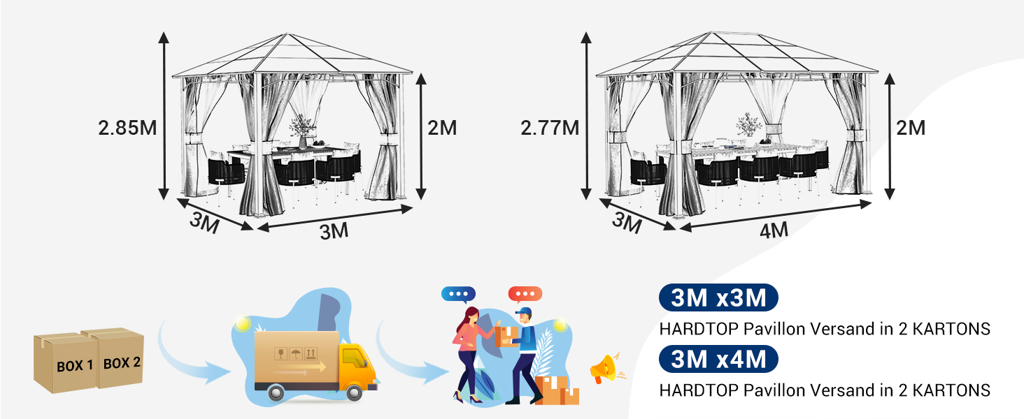 Schéma des dimensions du belvédère extérieur, montrant les options de 3 m x 3 m et 3 m x 4 m. Comprend des informations de livraison et des icônes d'instructions de montage.