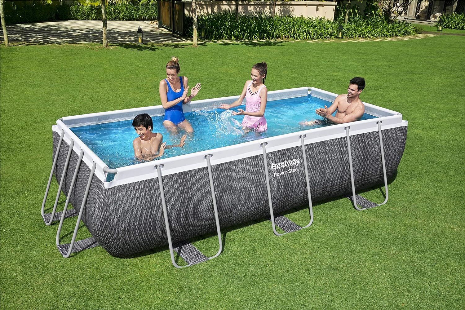 Bestway 56721 Power Steel - Piscine hors sol rectangulaire, 404 x 201 x 100 cm, pompe de filtration et distributeur ChemConnect inclus, effet rotin gris