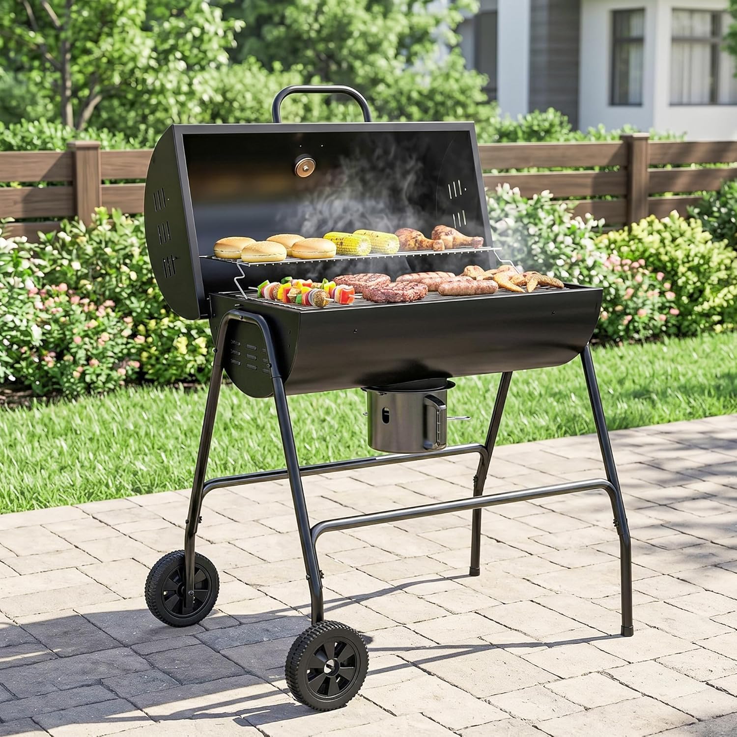 Outsunny - barbecue charbon de bois, 95x71,5x102cm, couvercle, thermomètre, roues
