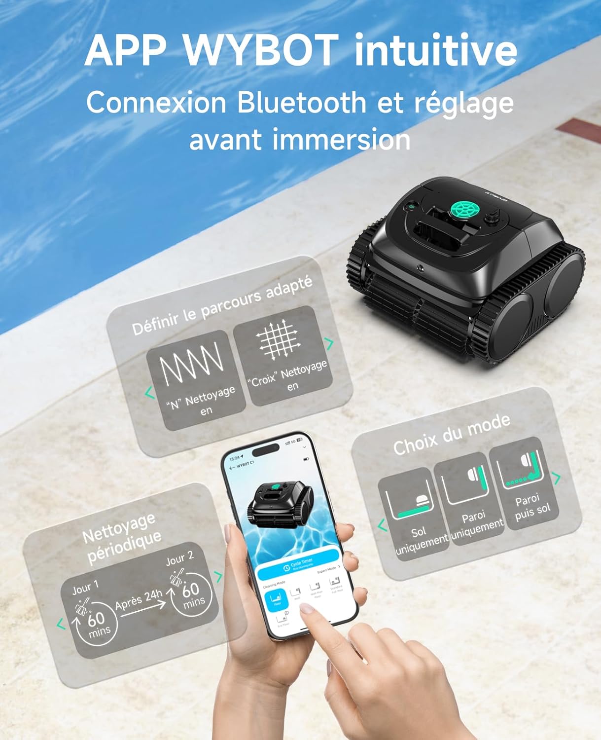 WYBOT C1 Robot Piscine Fond et Parois 150 Min Aspirateur Piscine avec Planification Intelligente des itinéraires, Nettoyage entièrement Automatique du Sol, 150m² Nettoyage Rapide(Vert Noir) Certifié ClimatePartner