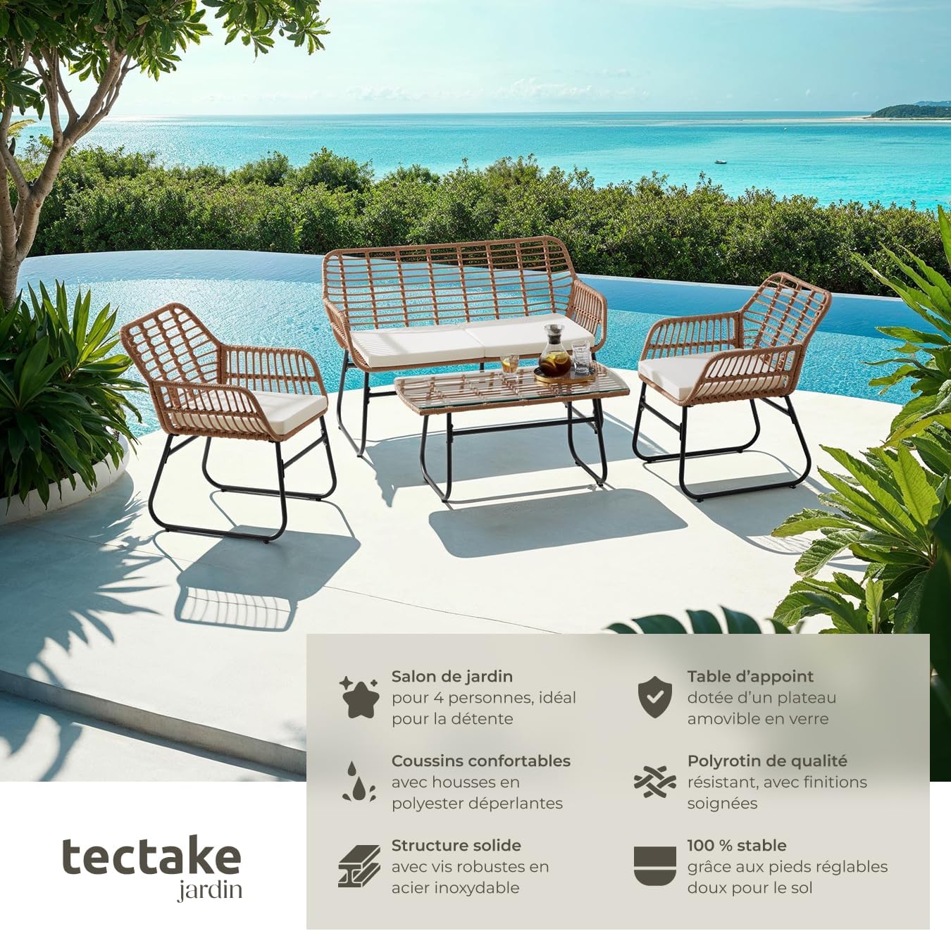 tectake - salon de jardin poly rotin 4 pcs, coussins, plateau verre 401206