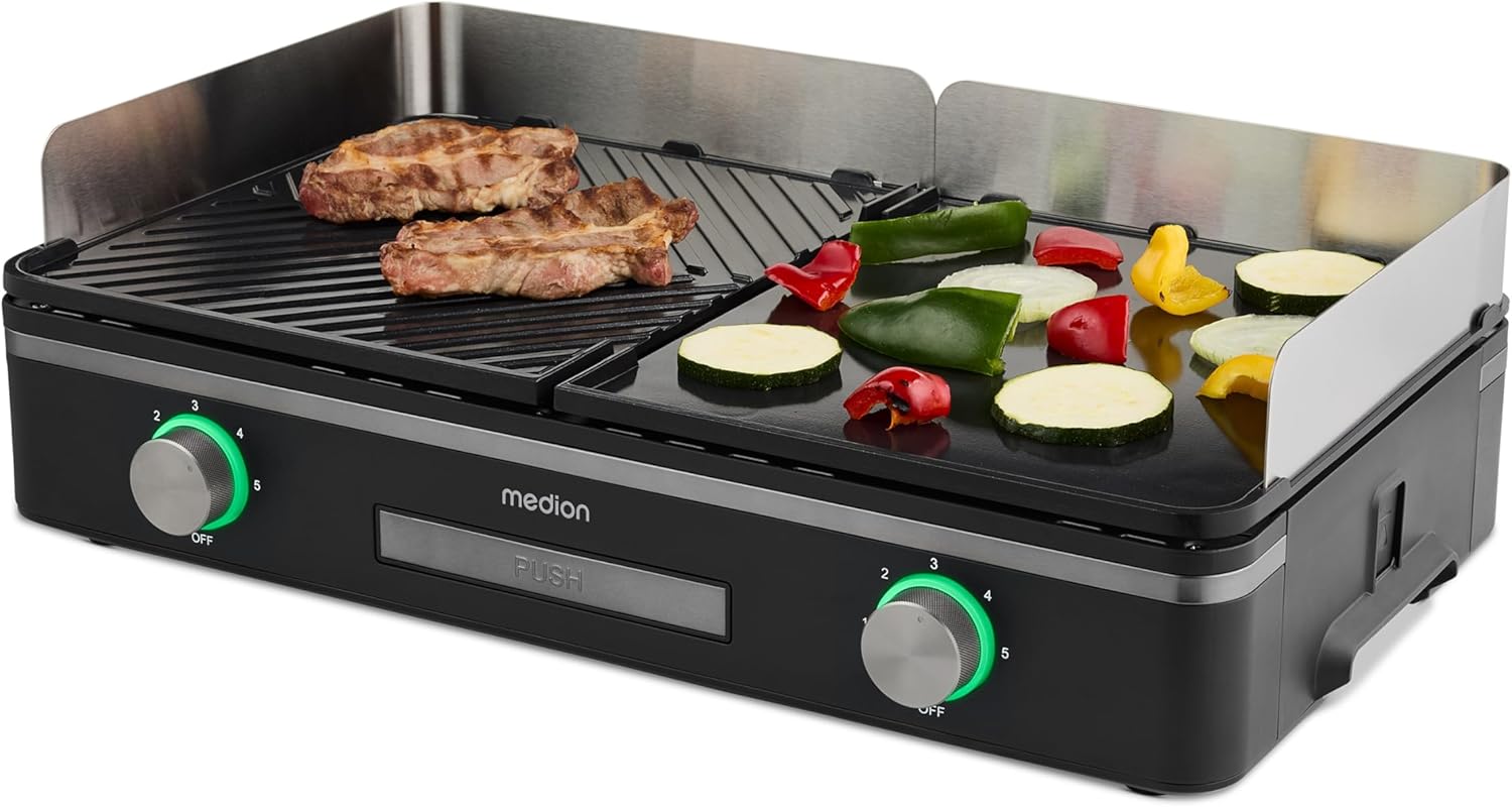 Medion - gril de table double zone - 2 plaques amovibles, 2400W, IPX4, MD12027