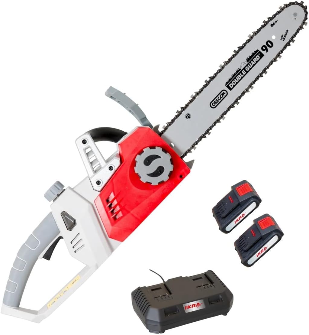 IKRA - Tronçonneuse sans Fil 40V (2x20V) Moteur Brushless 2000W Guide Oregon 35,5cm Tension sans Outil Frein Anti-Rebond - Inclus 2 Batteries 2Ah et Chargeur double Rapide