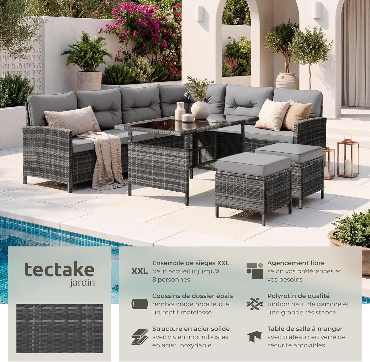 Tectake - Ensemble modulable rotin, canapé d’angle, table verre, poufs, coussins, 220x150x70 cm