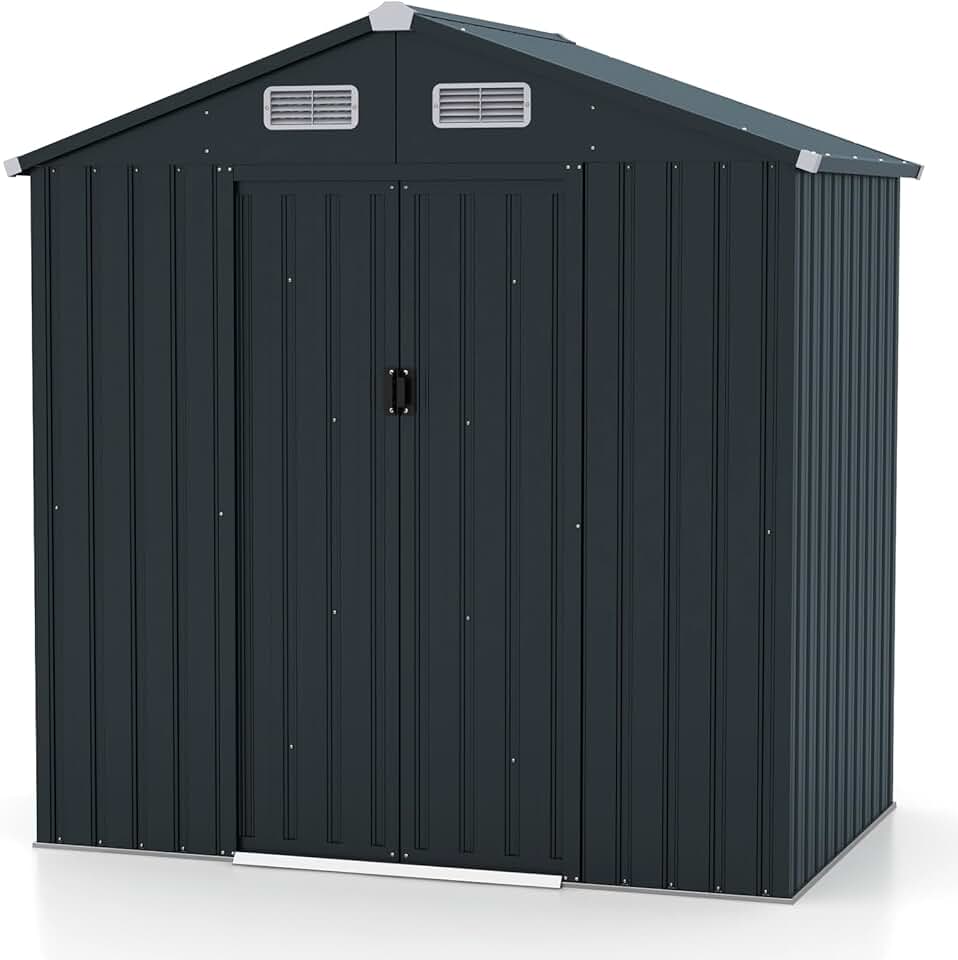 GOPLUS 2,16m² Abri de Jardin 4,26m³, Abri à Outils avec Toit Incliné, Portes Coulissantes, Aérations, Résistant aux Intempéries, Cadre en Acier Galvanisé Antirouille, pour Jardin, Arrière-Cour