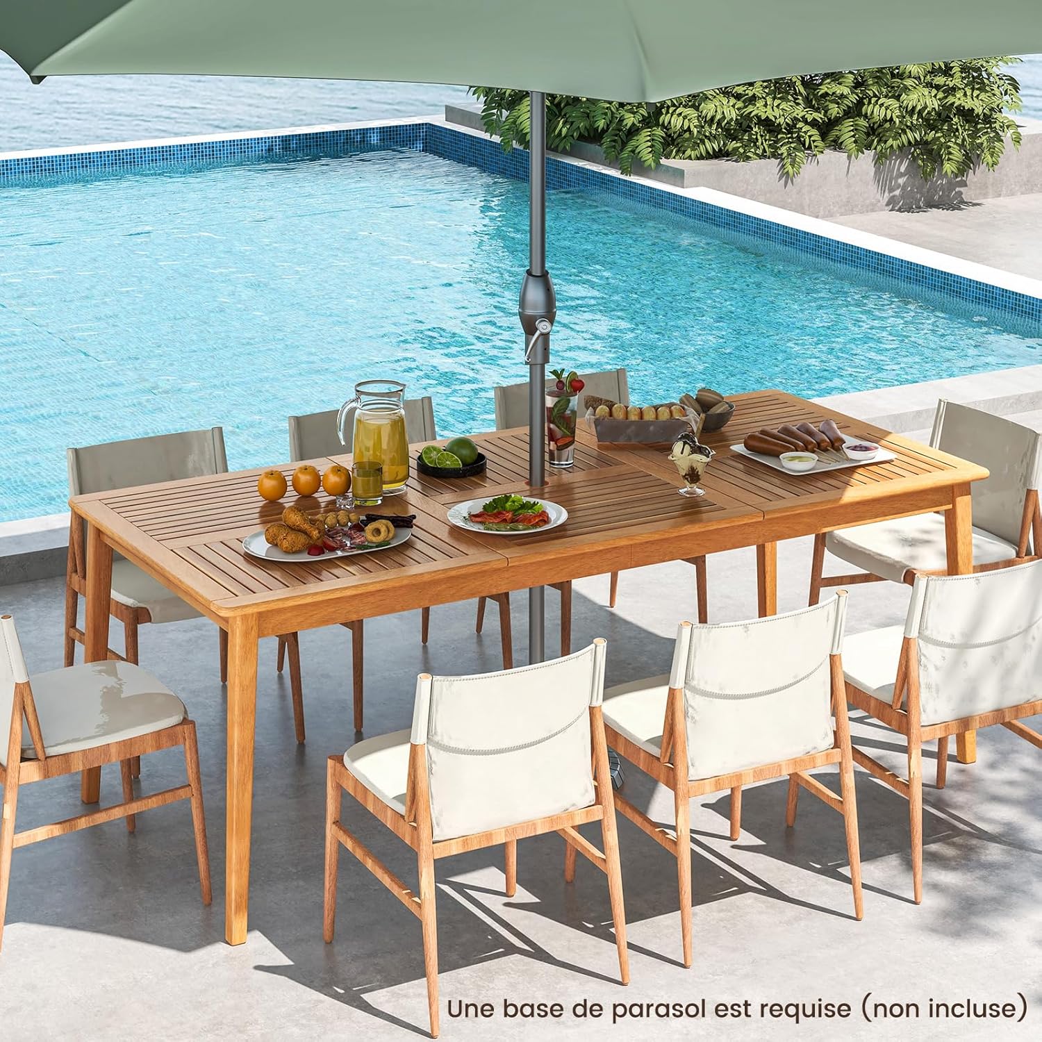 GOPLUS - table repas extérieur Acacia FSC 90x200cm, 8 places, trou parasol, charge 160kg