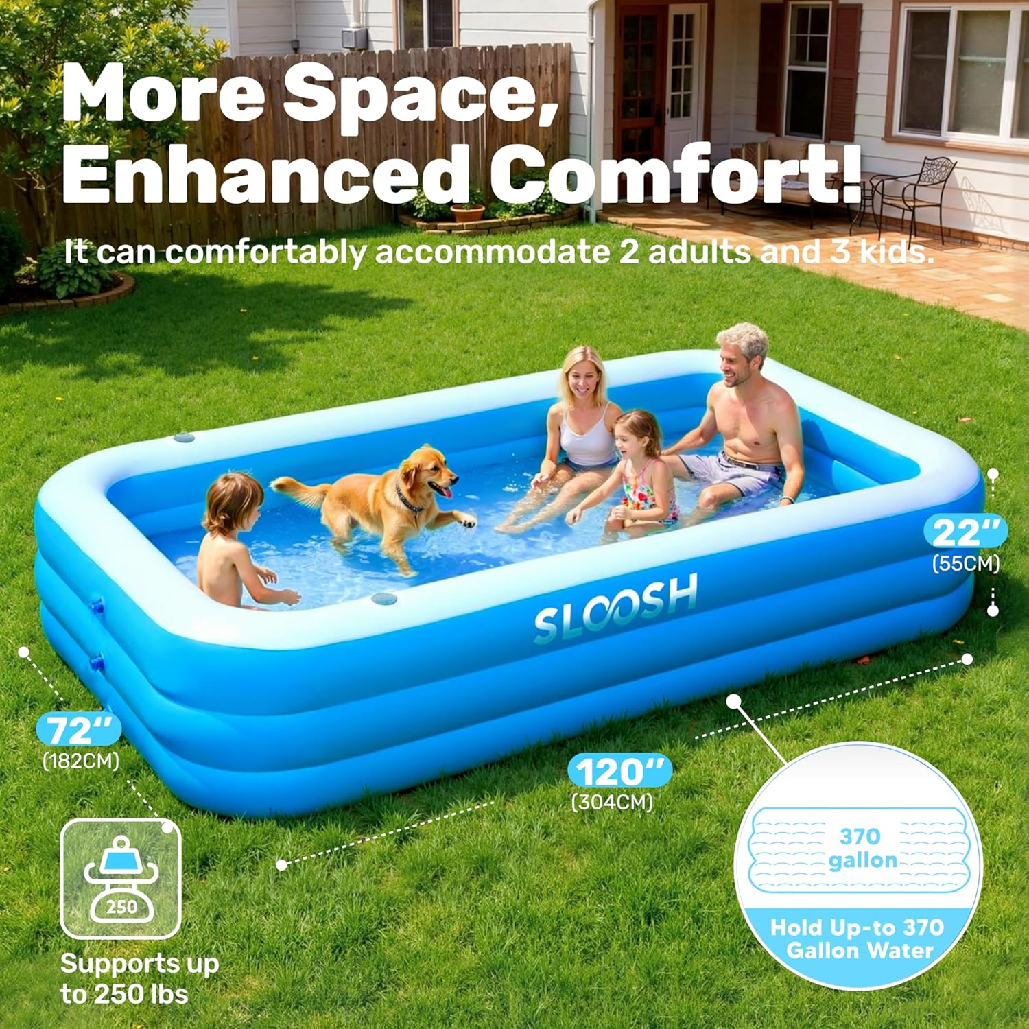 Sloosh - piscine gonflable familiale - 304,8x182,8x55,8 cm - sièges intégrés, épaisse et durable