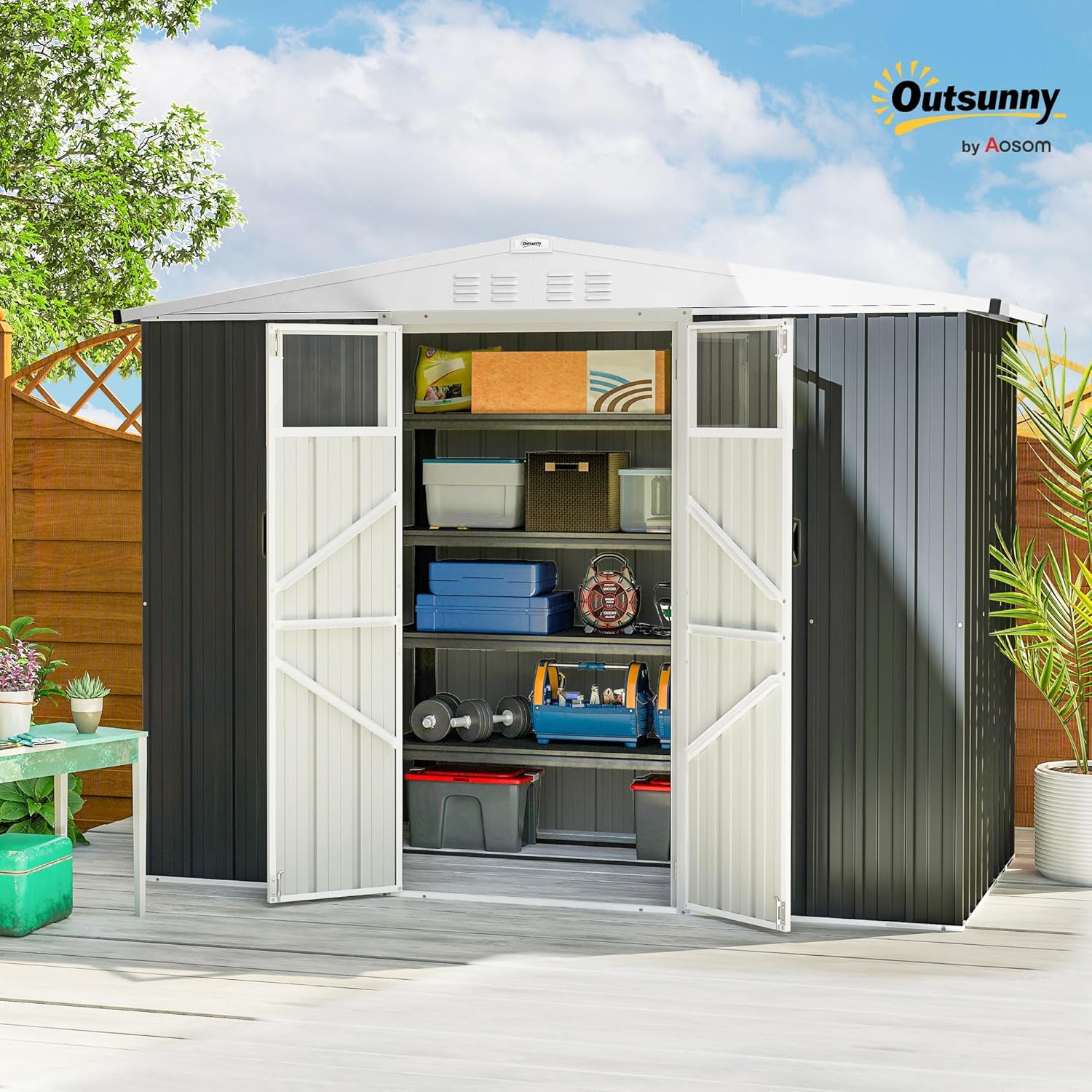 Outsunny Abri de Jardin en métal 2,7 m² cabane de Jardin 246 x 117 x 180 cm cabanon Rangement Outils avec fenêtre, 4 évents et Porte verrouillable, cabanon Jardin extérieur en Acier galvanisé, Gris