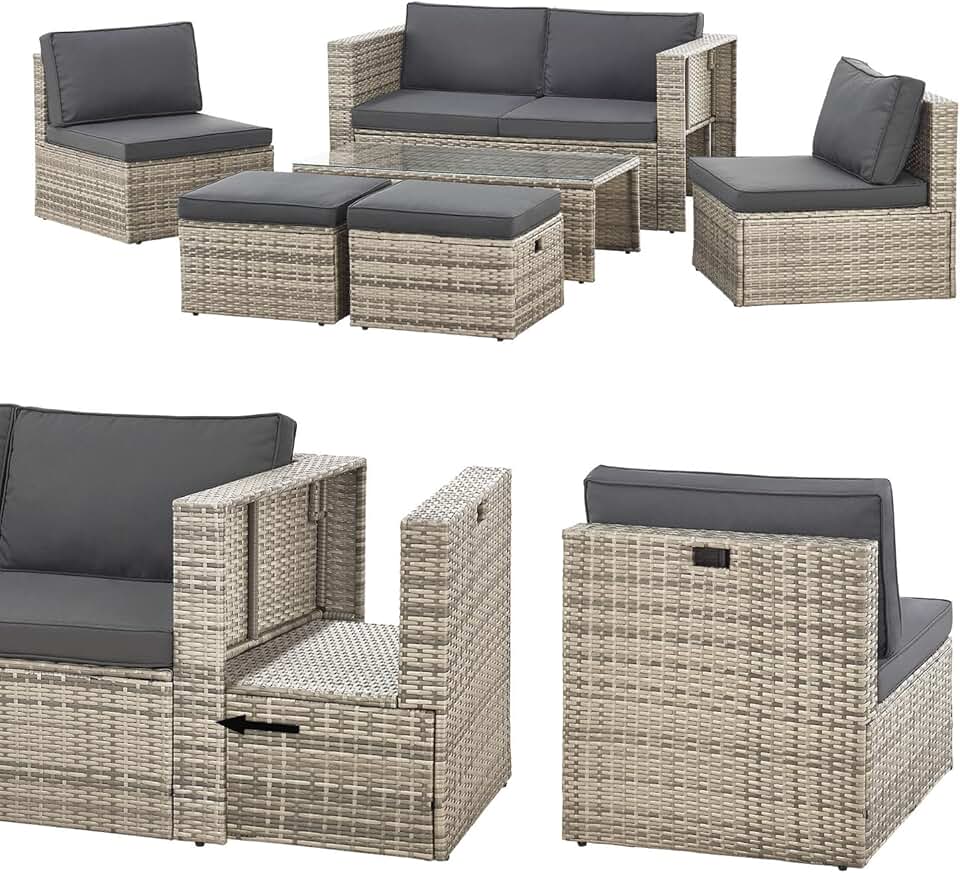 Juskys - Salon de jardin Salou - 6 places, polyrotin, table, coussins, résistant intempéries, gris