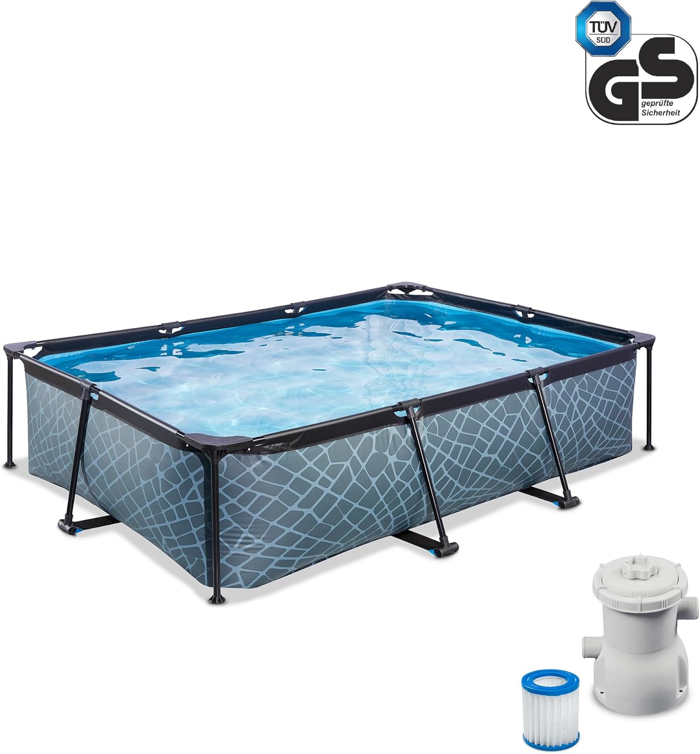 EXIT TOYS Piscine Stone - 300x200x65cm - Piscine Hors Sol Rectangulaire avec Pompe Filtrante à Cartouche - Entrée Basse - Idéal pour Les Jeunes Enfants - Cadre Stable - Design Unique - Gris