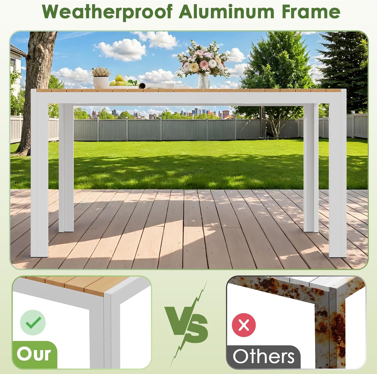 LIFERUN - Grande table de jardin - 140x90x75 cm - aluminium, plateau WPC, pour 6 personnes, résistante intempéries