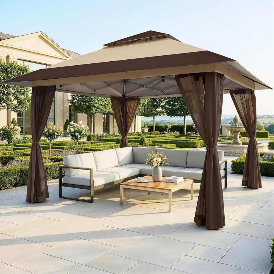 CROWN SHADES Tonnelle de Jardin 4 x 4 m, Pop Up Gezebo Exterieur Imperméable, Abri de Jardin Réglable en Hauteur, Double Toit avec Côtés en Maille Zippée, Sac de Transport, Beige