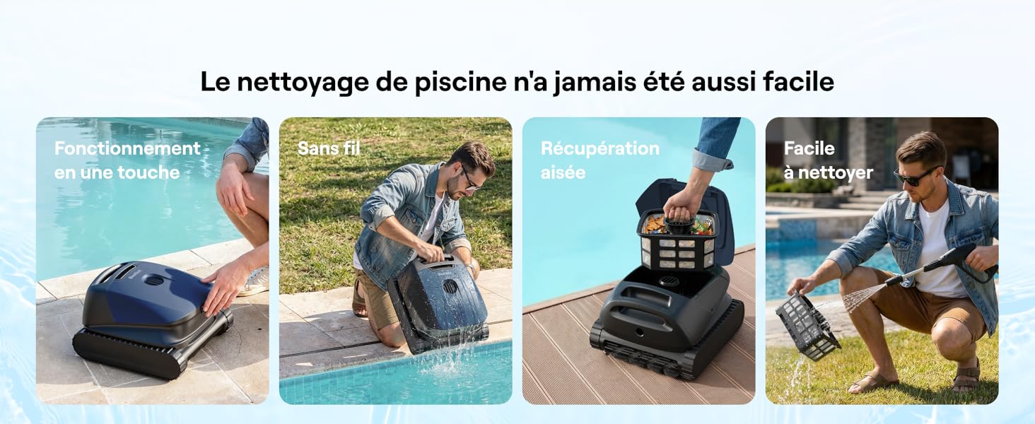 Le texte se lit comme suit : « Le nettoyage de piscine n'a jamais été aussi facile ». Collage montrant les activités de nettoyage et d'entretien de la piscine à l'aide de divers outils et équipements dans des piscines extérieures.