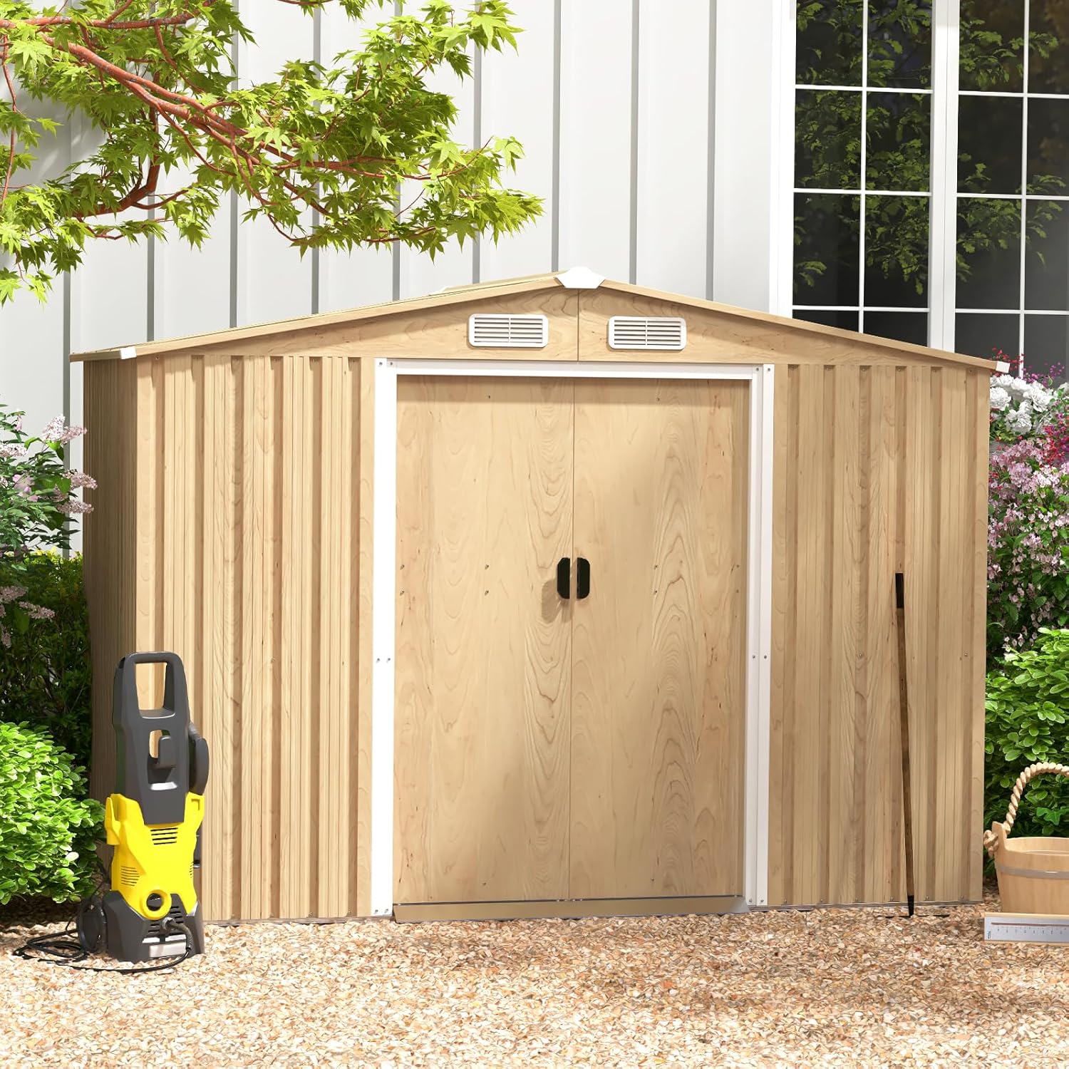 GOPLUS - abri de jardin naturel - 259x196x184cm - acier, toit en pente, aération, porte verrouillable, 4,47m²