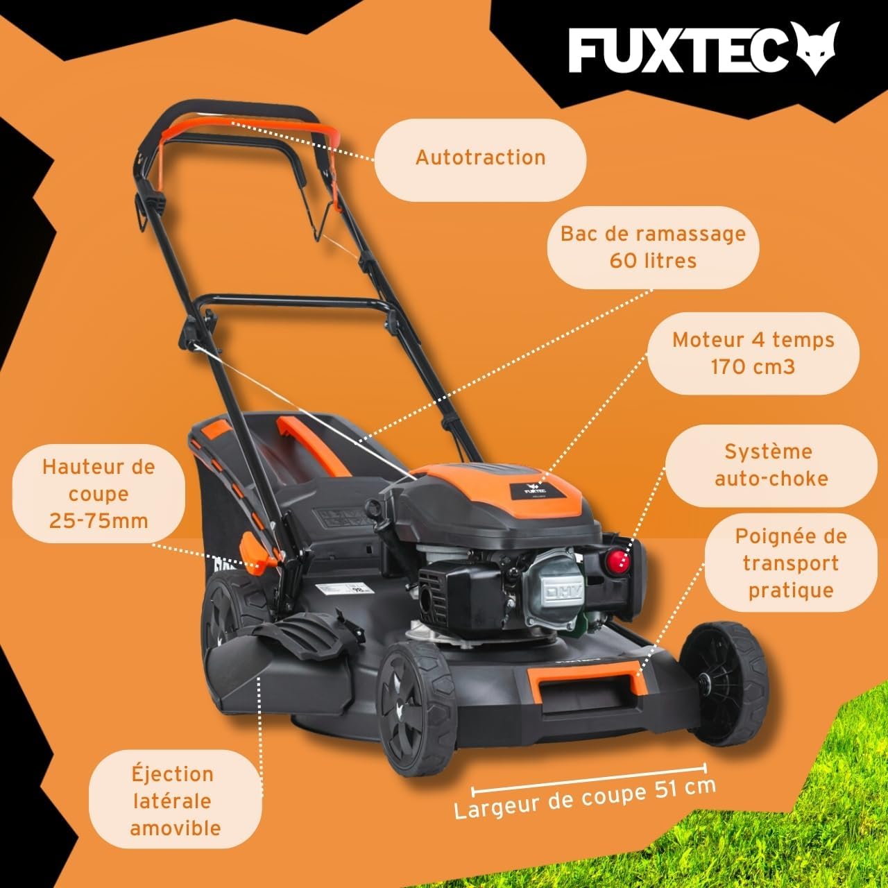 FUXTEC - tondeuse autotractée 51 cm, essence 170 cm³, bac 60 L, FX-RM5170