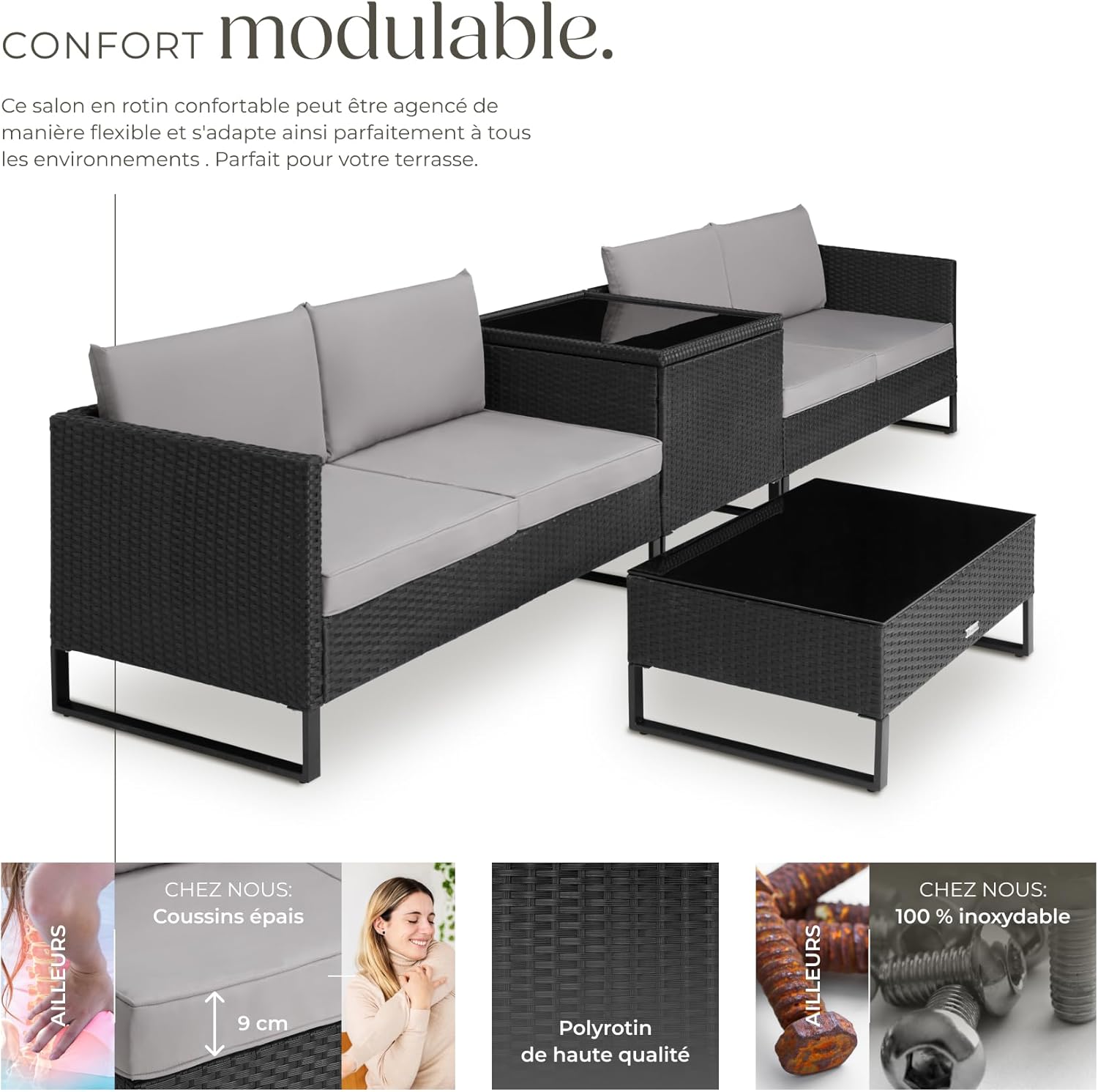 tectake - salon de jardin modulable 4 places - rotin, table verre, coffre