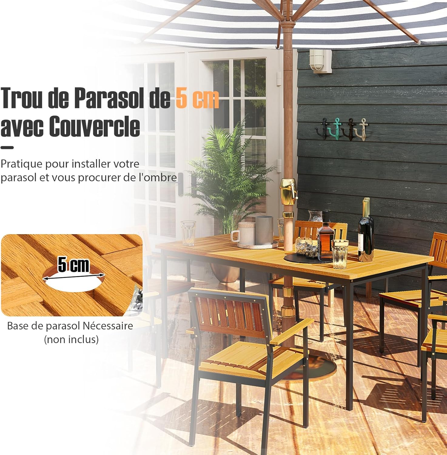 GOPLUS - Table jardin 140x70x73 cm - bois acacia, 6 pers, parasol