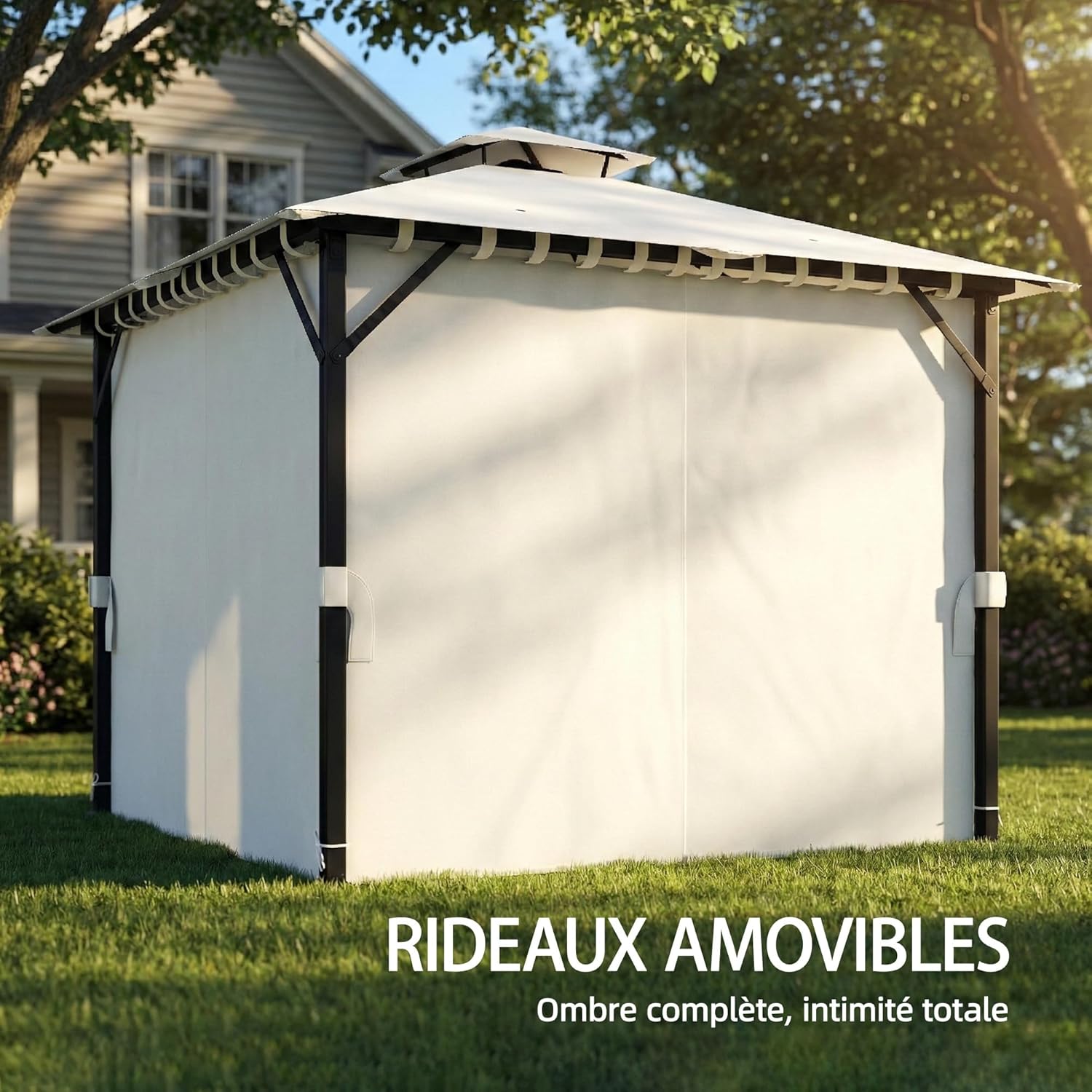 Outsunny - tonnelle pavillon 3x3m - métal robuste, toit double, rideaux, UPF50+
