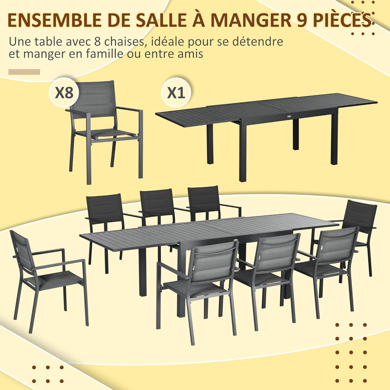 Outsunny - salon de jardin extensible 135-270cm - 8 chaises empilables, aluminium et textilène - gris