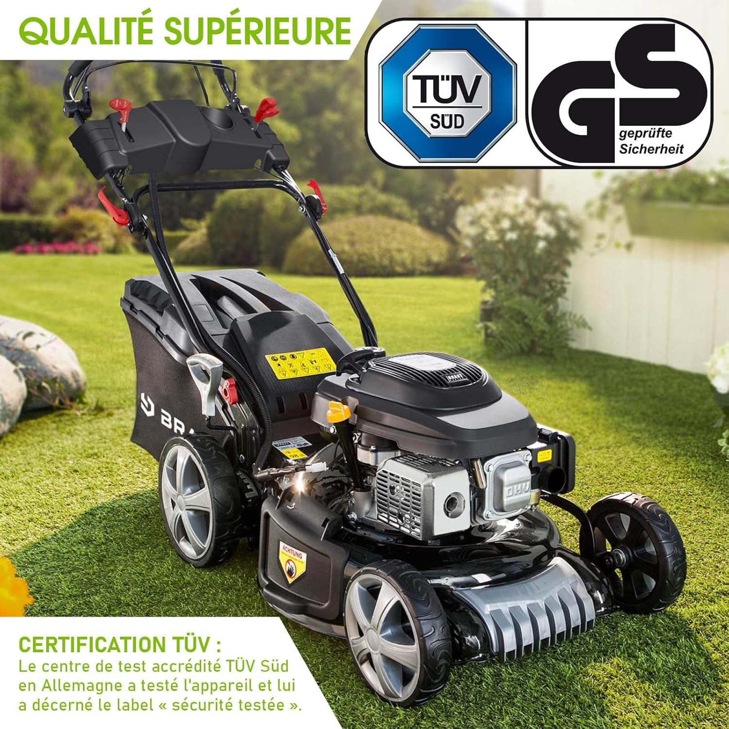 BRAST Tondeuse Thermique tractée démarrage électrique 170ccm 3,5kW (4,76 CV) 46 cm Coupe 30-80, Vitesse d'entraînement Triple réglable 60 l Moteur 4 Temps, 4en 1, châssis en tôle d'acier
