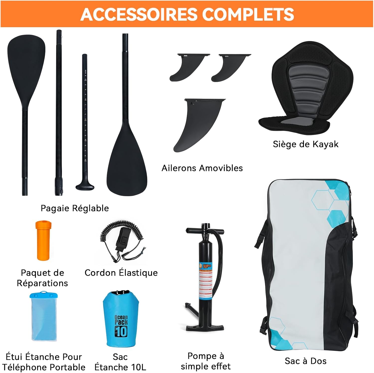 YU YUSING - Paddle gonflable adulte - 320/335cm - 2 personnes, siège kayak, pagaie alu, caméra, pompe, 150kg