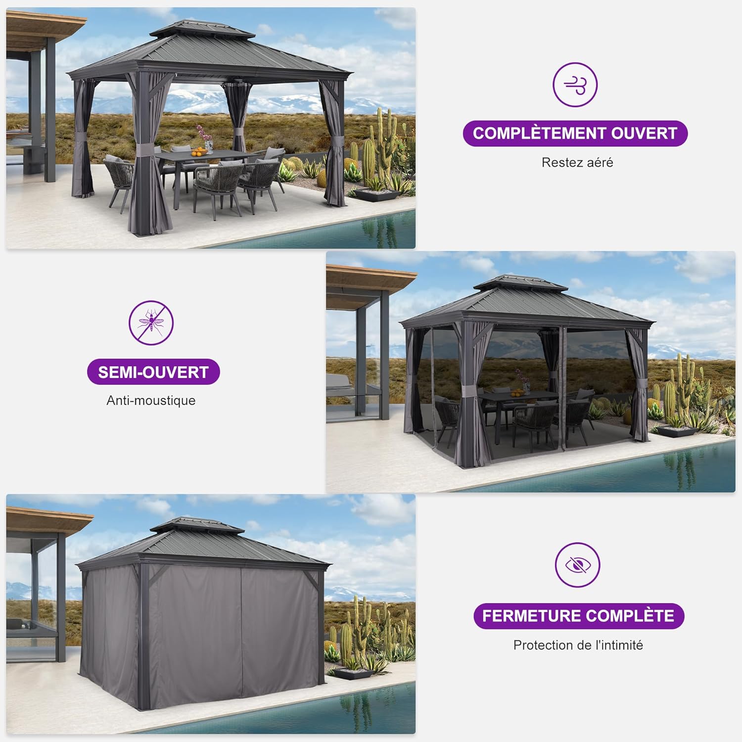 PURPLE LEAF - pergola double toit acier 4x3m, moustiquaire, rideaux