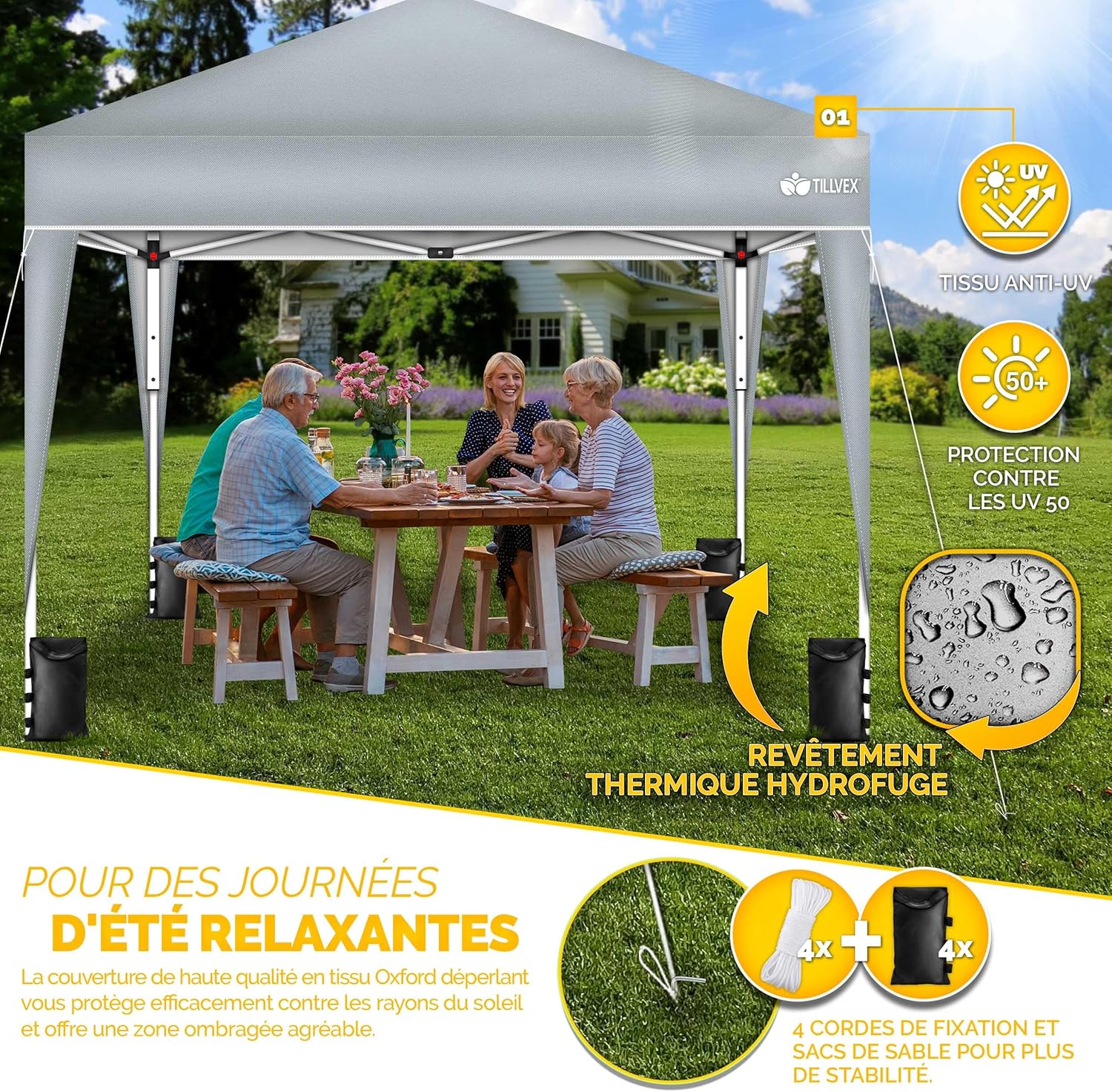 tillvex Tonnelle de Jardin 3 x 3 m Pliable | Tente Pliante à Hauteur réglable | Auvent pour Camping, Festival, Plage | Protection UV 50+ | Chapiteau avec Sac