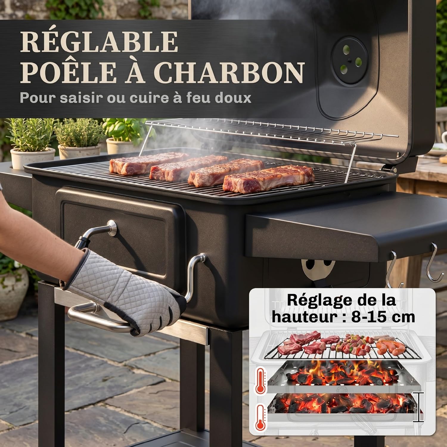 Outsunny - Barbecue XXL 112 cm - fumoir, thermomètre, chariot, couvercle