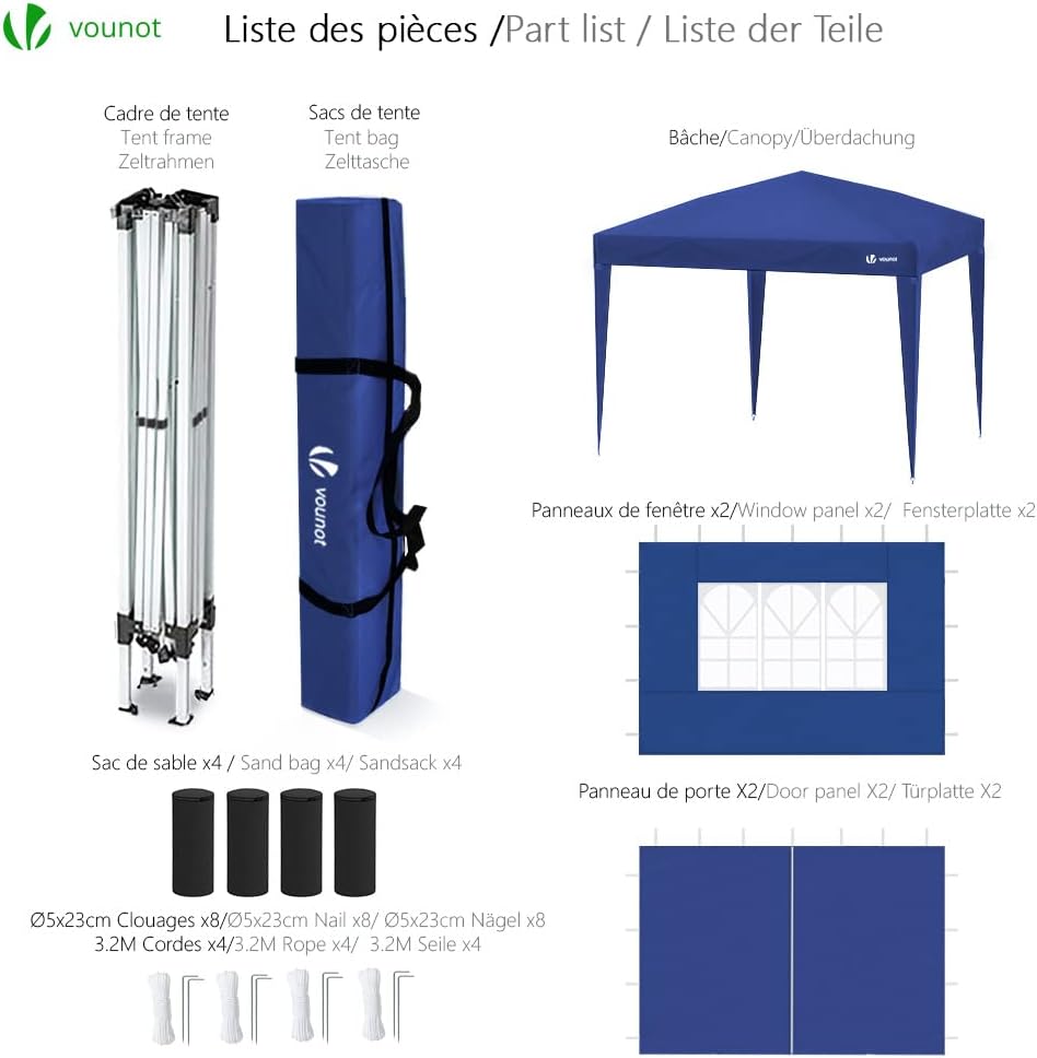 VOUNOT - tonnelle pliante - 3x3m - 4 côtés, 4 sacs de sable, bleu