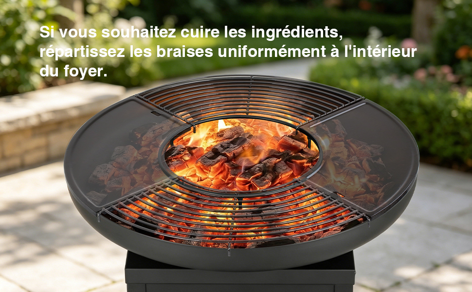 Le texte se lit comme suit : « Utilisez les braises uniformément à l'intérieur de l'anneau ». Foyer rond noir avec des charbons ardents visibles sur la surface extérieure.