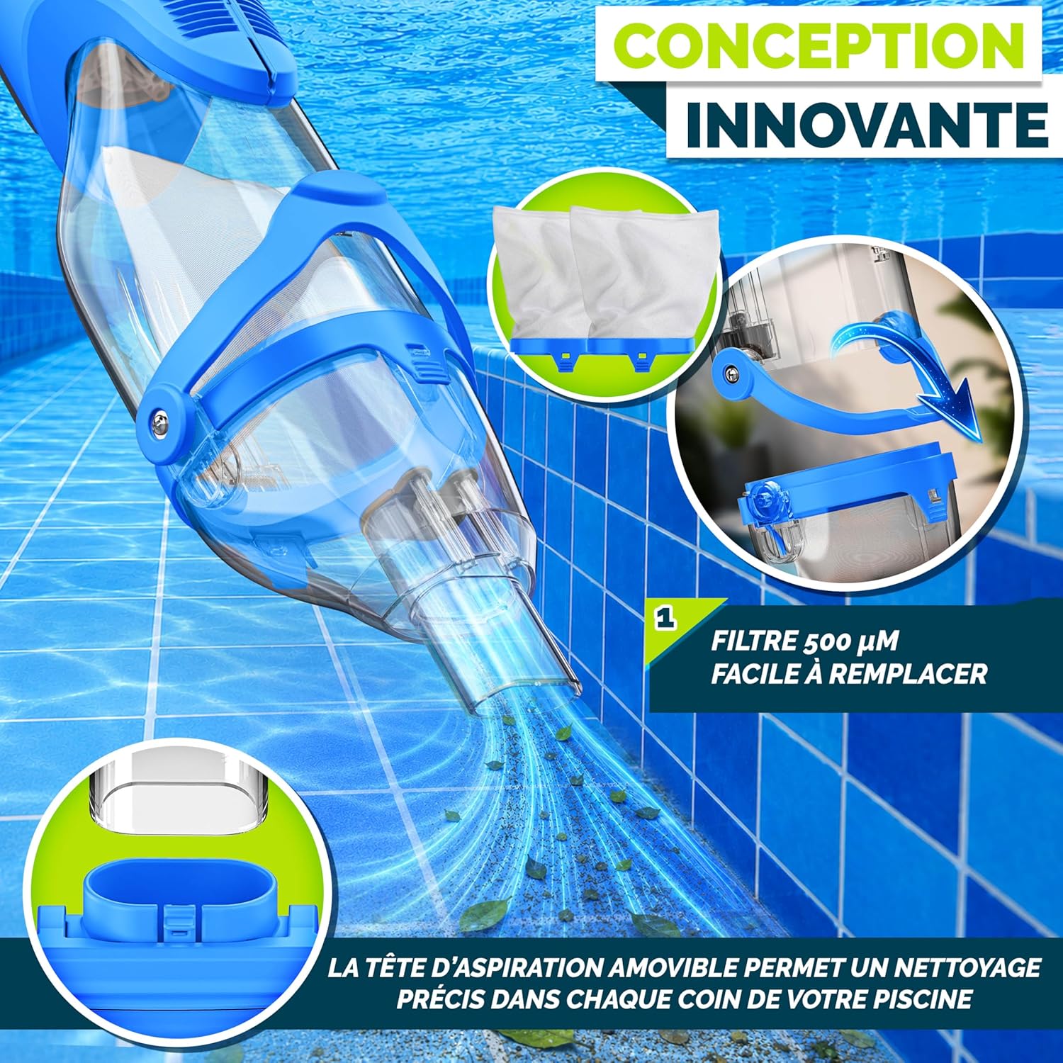 tillvex - Aspirateur piscine électrique - manche télescopique, filtre, autonomie 60min
