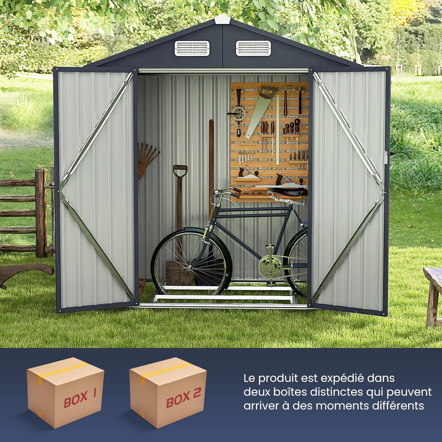 COSTWAY Abri de Jardin Métal Galvanisé 3,4 m³,Double Porte Verrouillable avec Clé, Cabane de Jardin Exterieur, Abri Rangement Exterieur pour Vélo, Poubelle, Outil