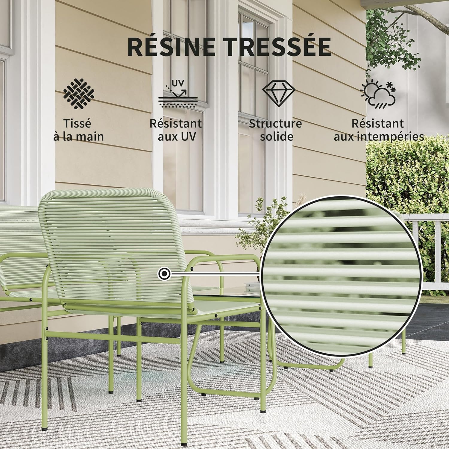 Outsunny - salon de jardin 4 places acier résine vert - canapé, fauteuils, table