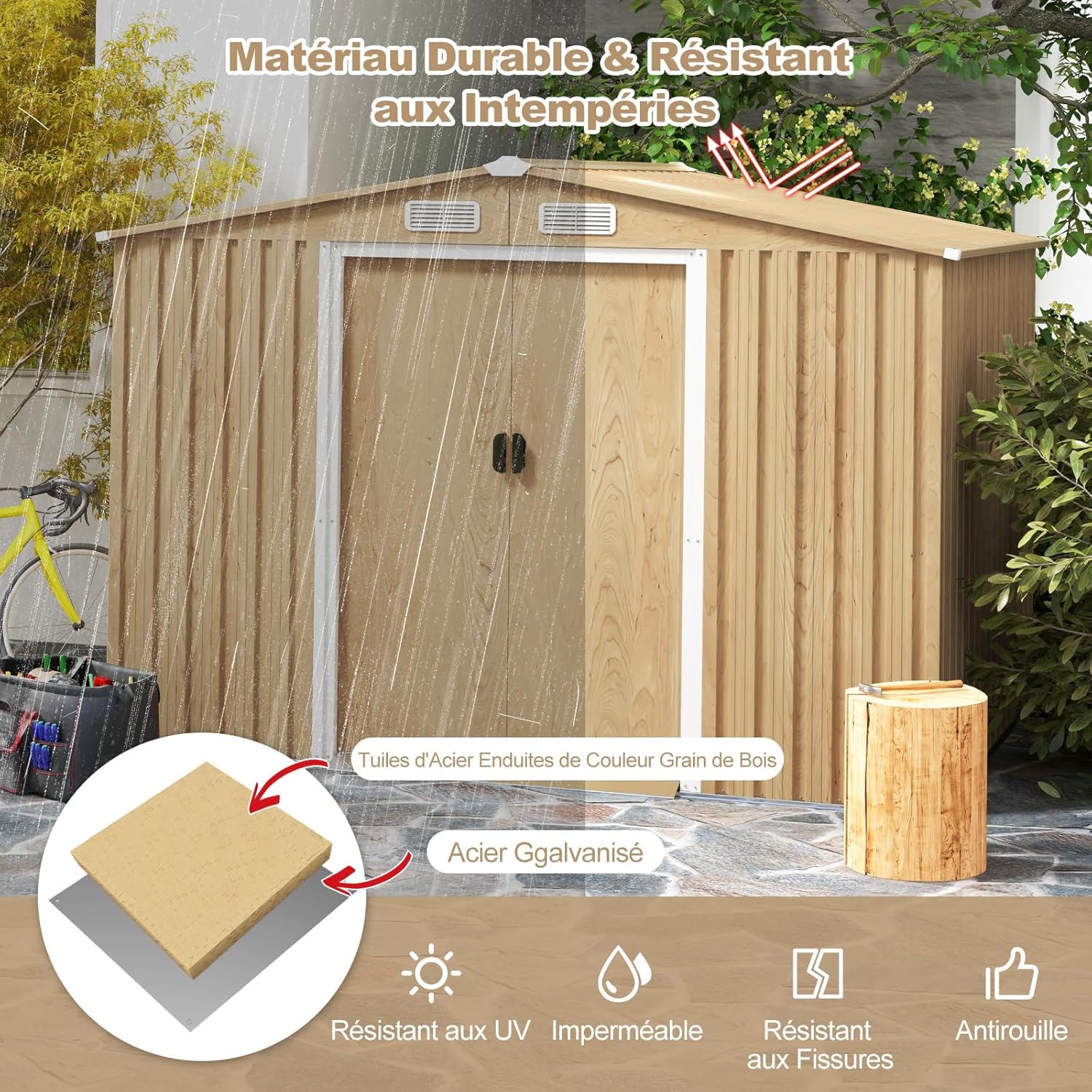 COSTWAY - Abri de jardin acier 259x196x184cm porte coulissante 5m²