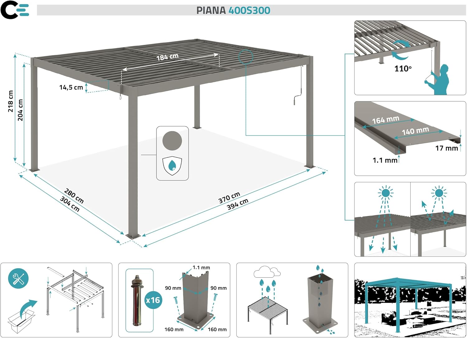 CAZEBOO - Piana - 4x3 m - Pergola alu taupe, lames acier orientables