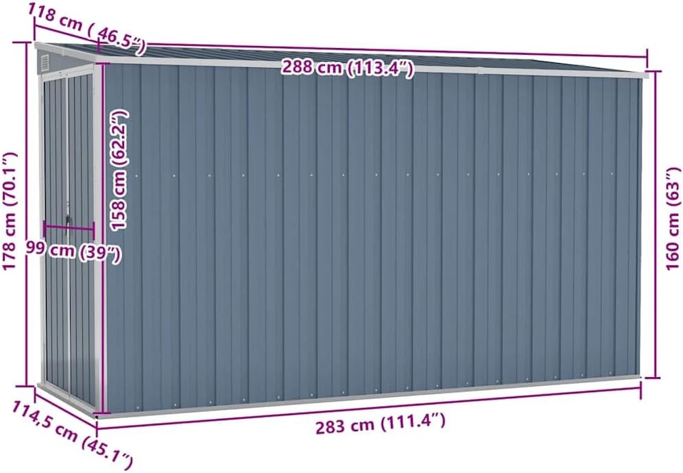 Abri de jardin mural gris 118x288x178 cm acier galvanisé, 40.02kg